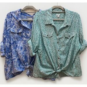 2 Women's 2X 100% Cotton Tops Roll Tab Front Knot Blue Green Coastal Beachy